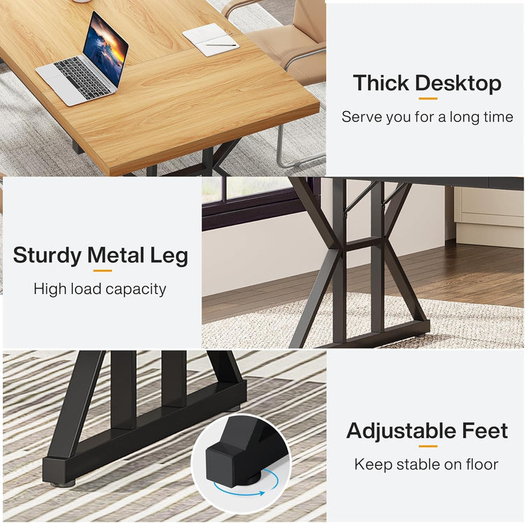 70.8 inch executive desk with thick wood top, sturdy metal legs, and adjustable feet for a spacious, stable home office.