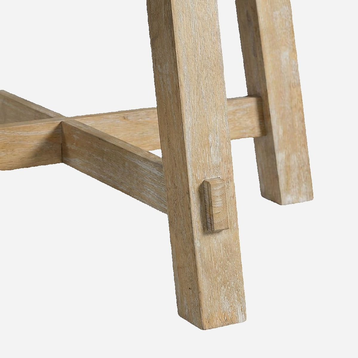 Keyed through tenon where the stretcher meets the leg (close-up detail)