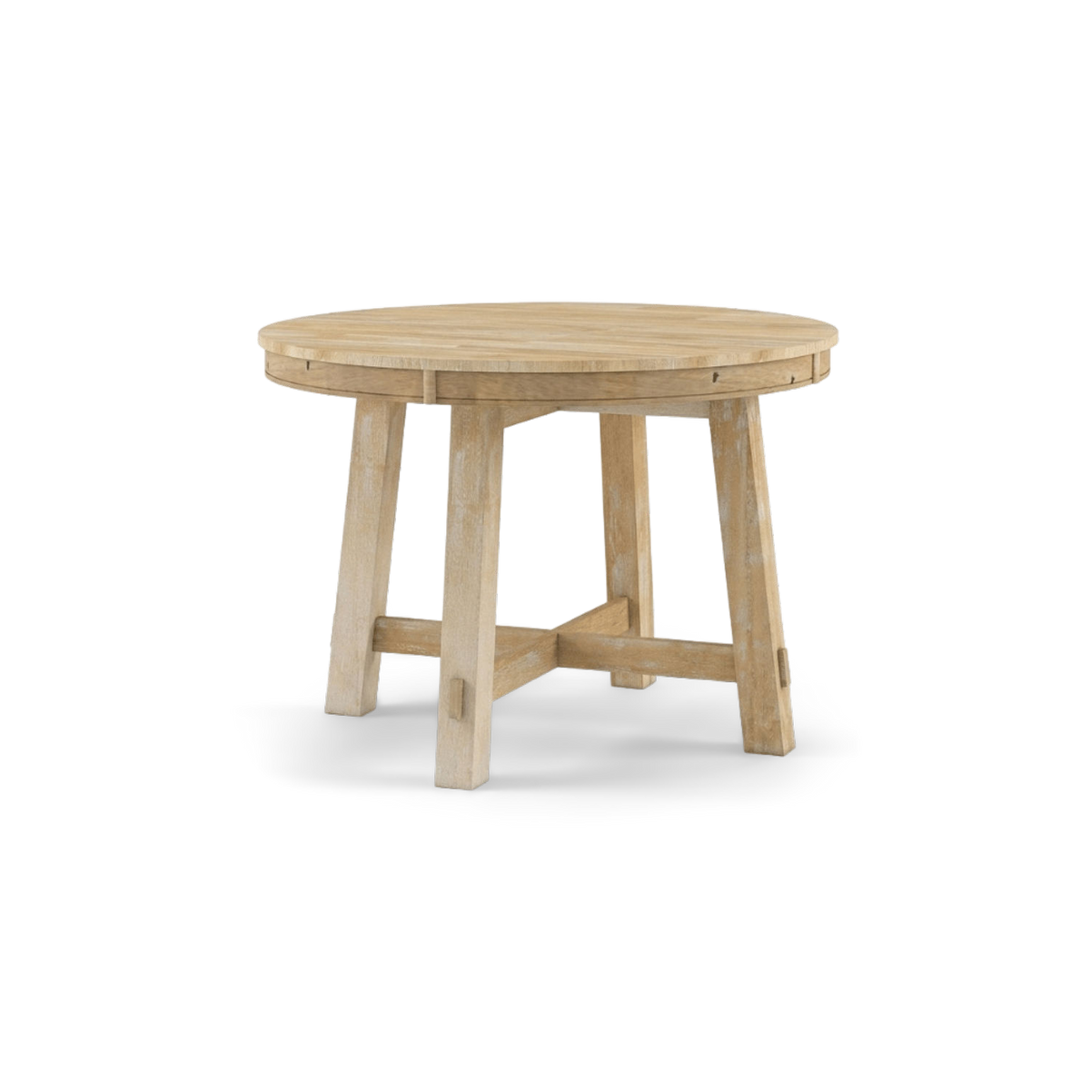 Extendable round dining table in light washed wood with a trestle base, front view (plain studio)