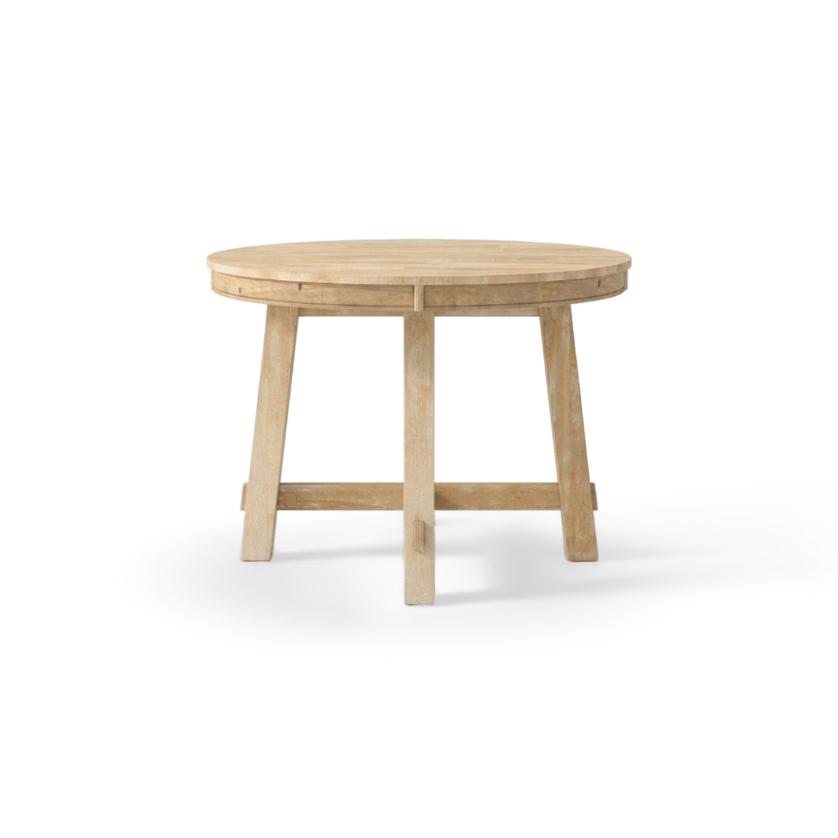 Farmhouse round dining table with X stretcher base, seen at an angle (plain studio)