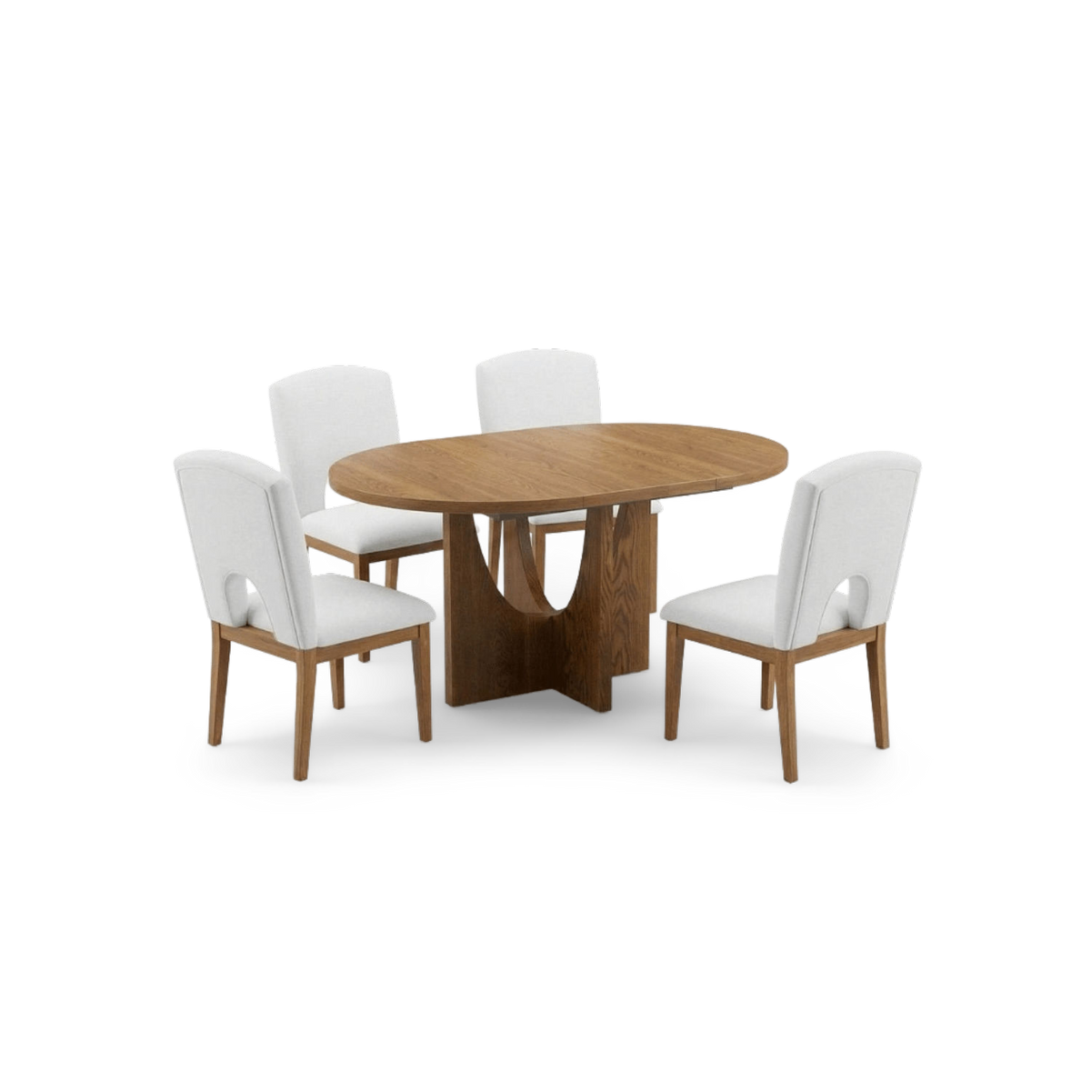 Walnut extendable dining table set with a round table and four cream upholstered chairs, front view