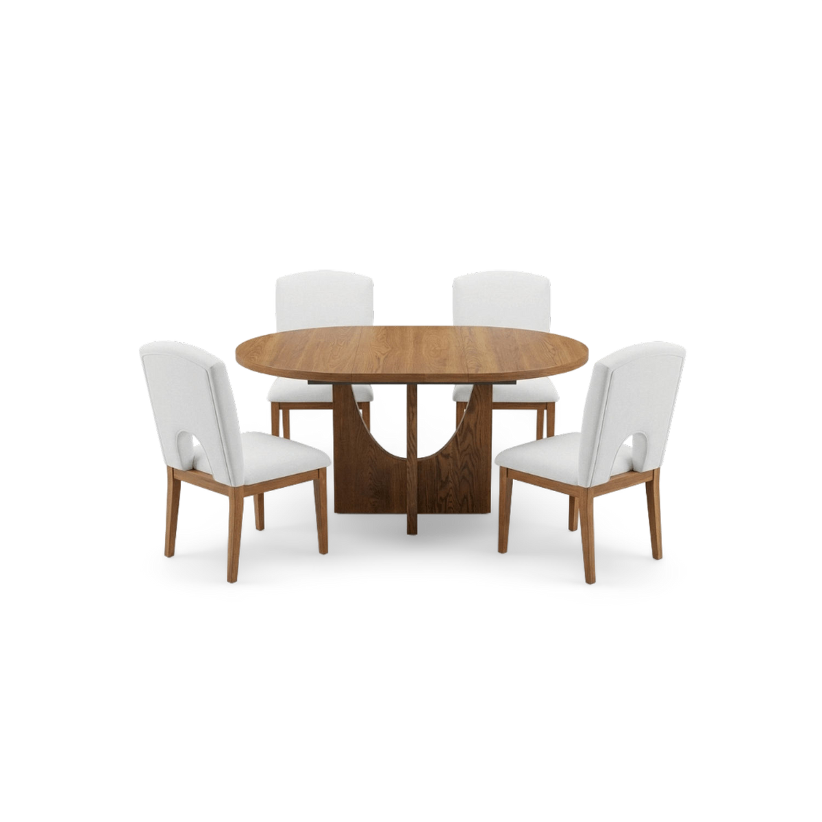 Walnut round to oval extendable dining table with four cream upholstered chairs, shown at an angle