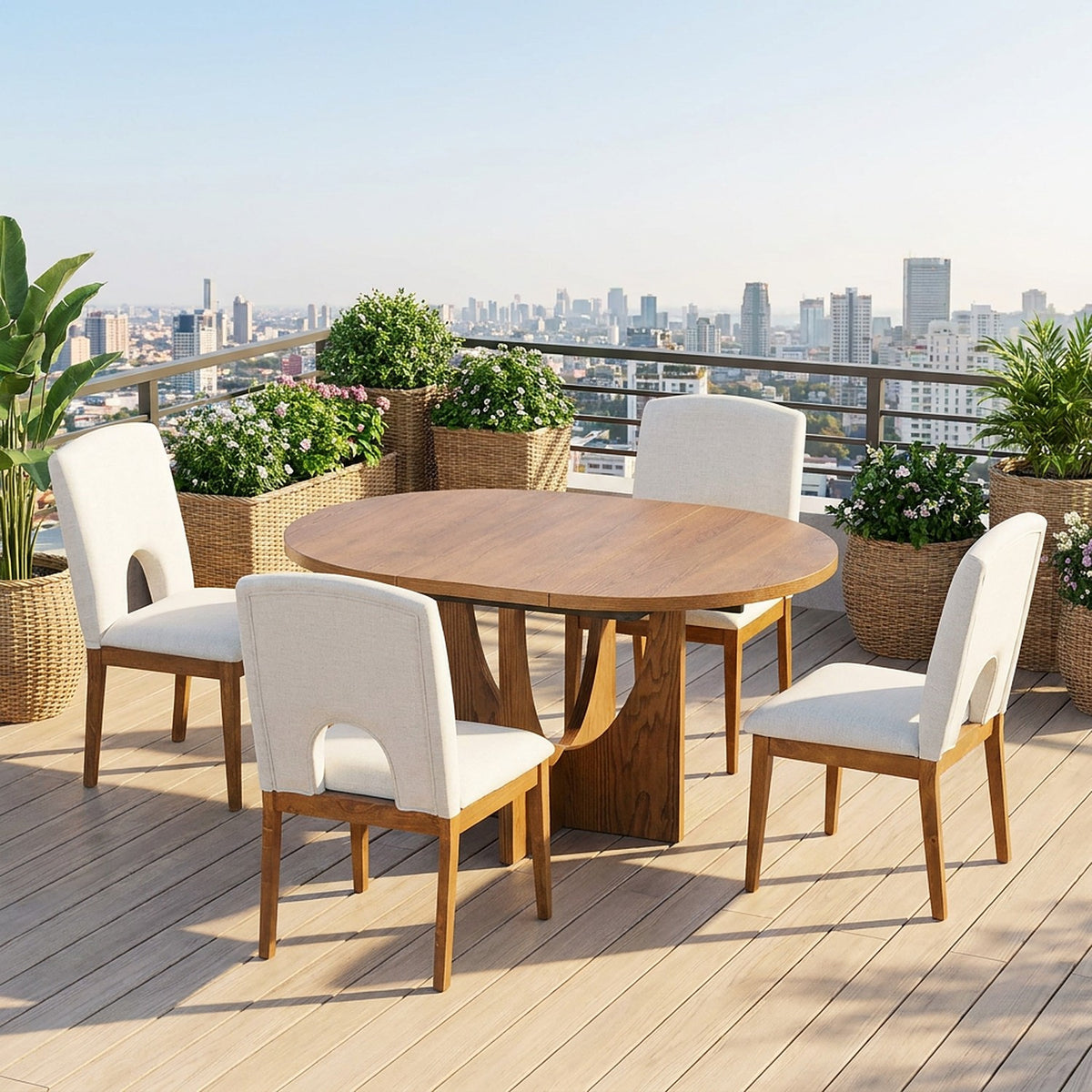 Round wood table with a curved pedestal and four cream chairs on a rooftop terrace with potted plants and a city skyline