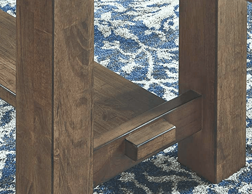 Extension dining table trestle base with pegged stretcher (close-up detail)