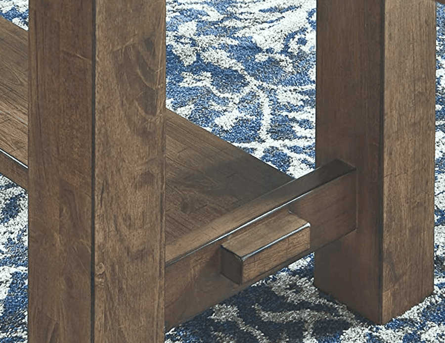 Extension dining table trestle base with pegged stretcher (close-up detail)