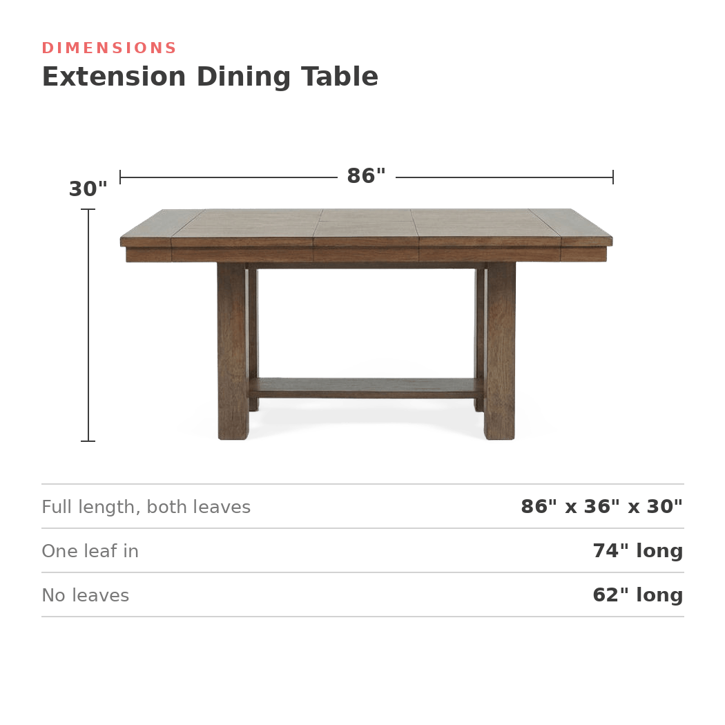 Dimensions of the extension dining table: 86 in. wide, 36 in. deep, 30 in. high (dimensions)