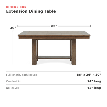 Dimensions of the extension dining table: 86 in. wide, 36 in. deep, 30 in. high (dimensions)