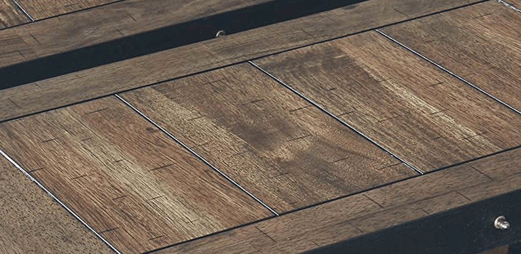 Extension dining table leaf with brass alignment pins (close-up detail)