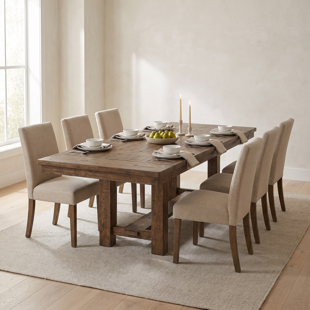 Extension dining table set for dinner in a dining room