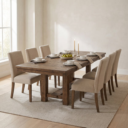 Extension dining table set for dinner in a dining room