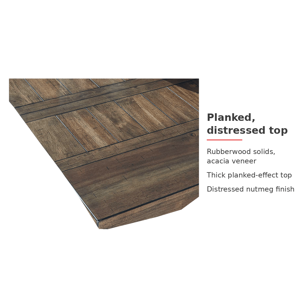 Extension dining table planked distressed top (feature callout)