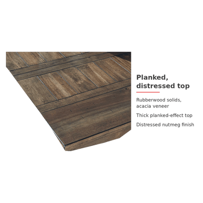 Extension dining table planked distressed top (feature callout)