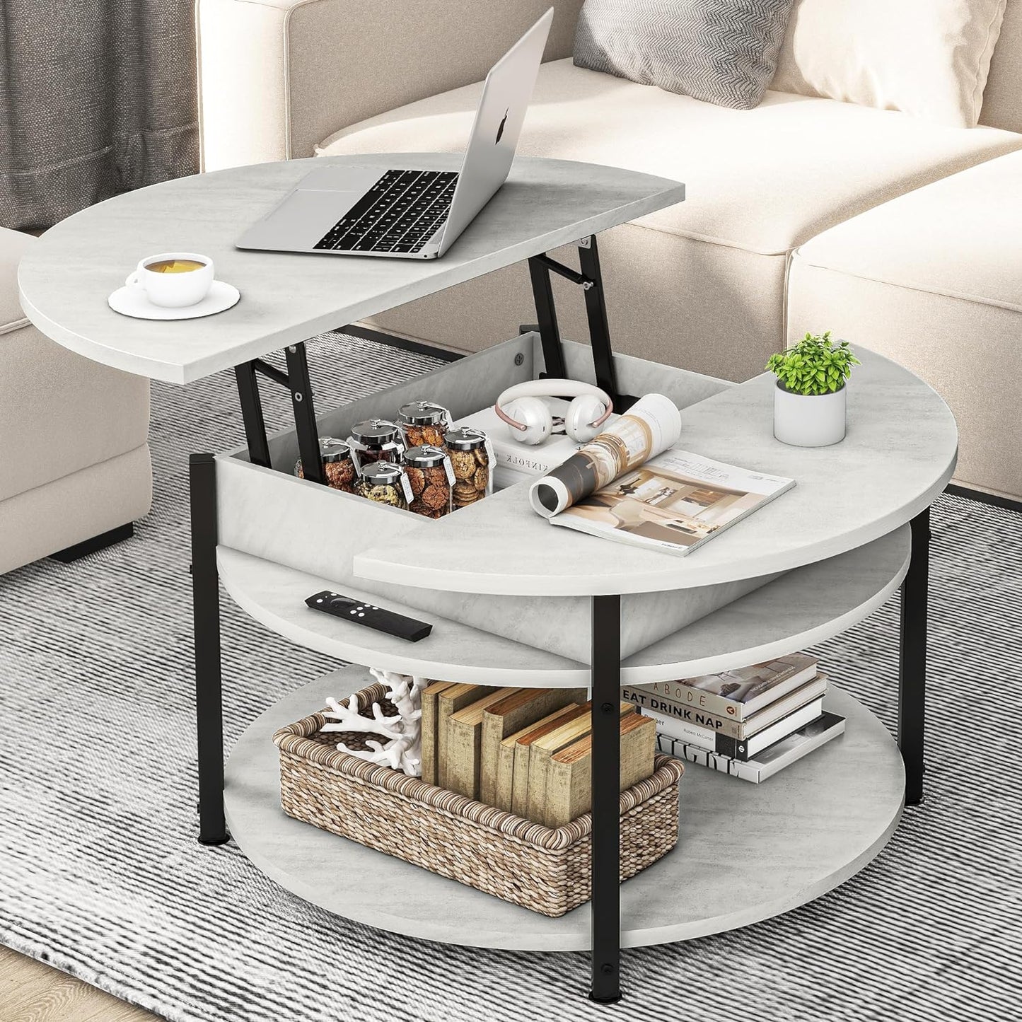 round Coffee Table with Storage, Lift Top Coffee Table with Hidden Compartment, Modern Coffee Table for Home Office Living Room, Grey