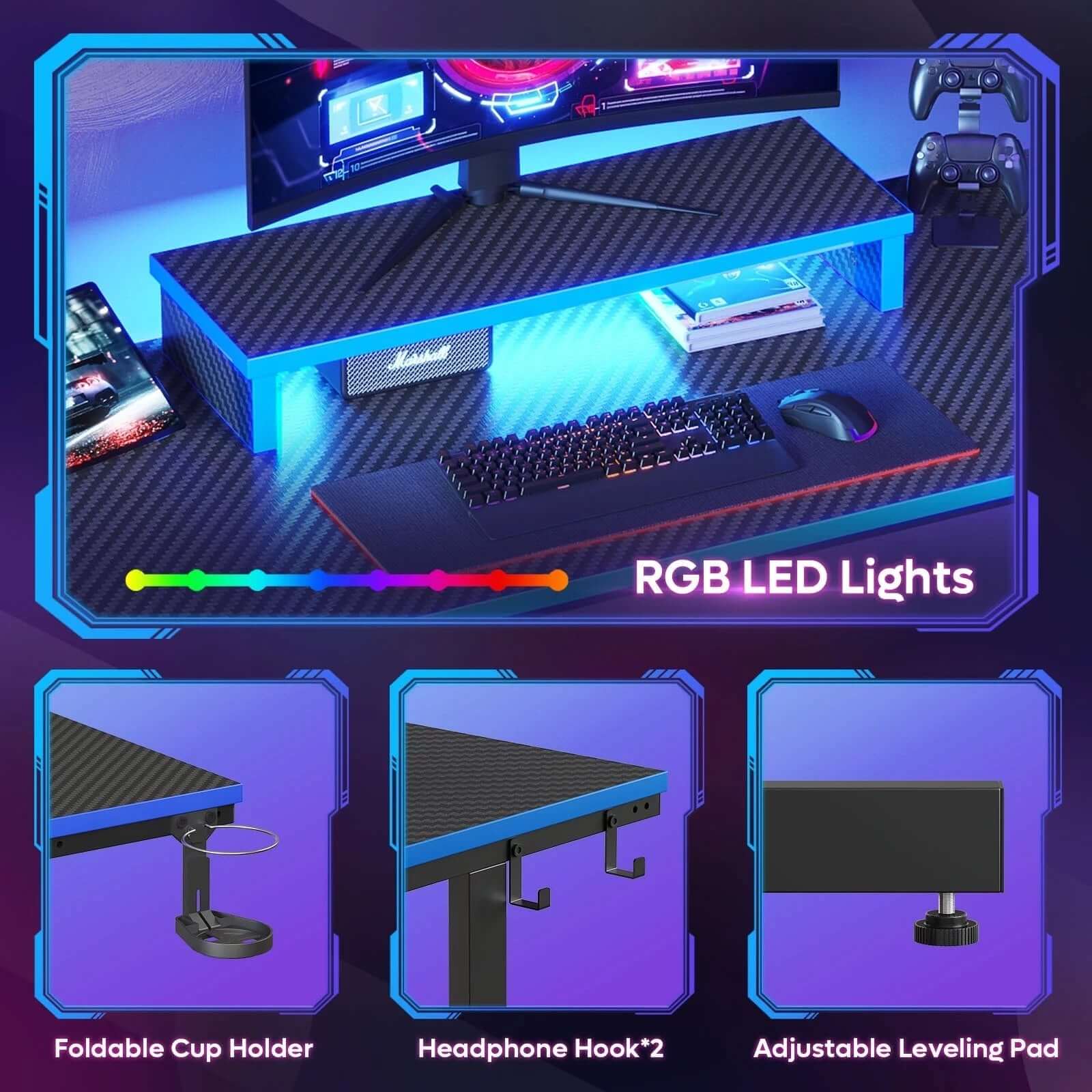 Gaming Desk with LED Lights, Monitor Stand, Hook, and Cup Holder