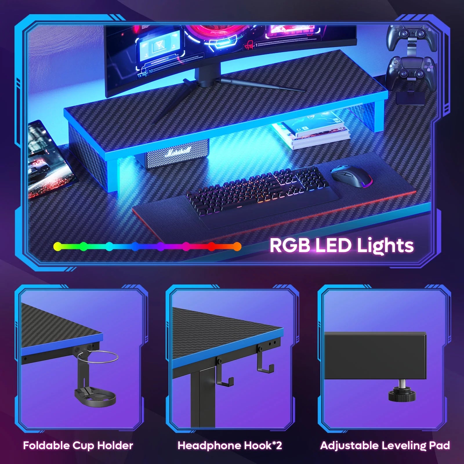 42" Gaming Desk with LED Lights, Monitor Stand, Hook, and Cup Holder