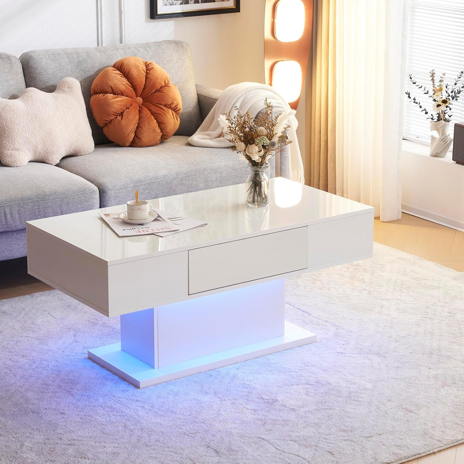 16-Color Dimmable LED Coffee Table with Drawers