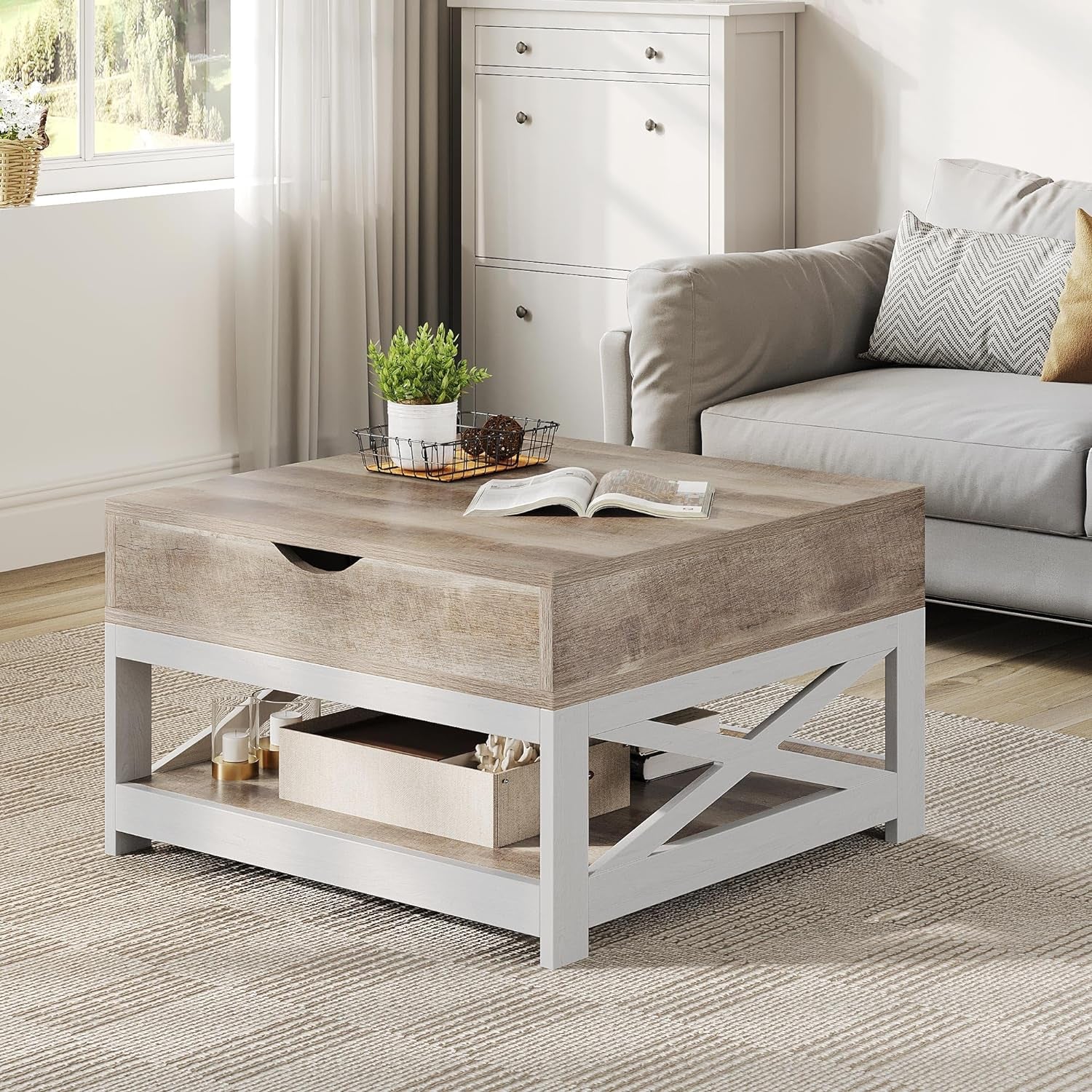 Square Grey Wash Coffee Table for Living Room