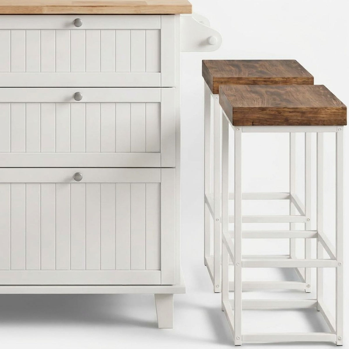 Two stools with rustic brown seats on white iron frames beside the side towel bar (close-up detail)