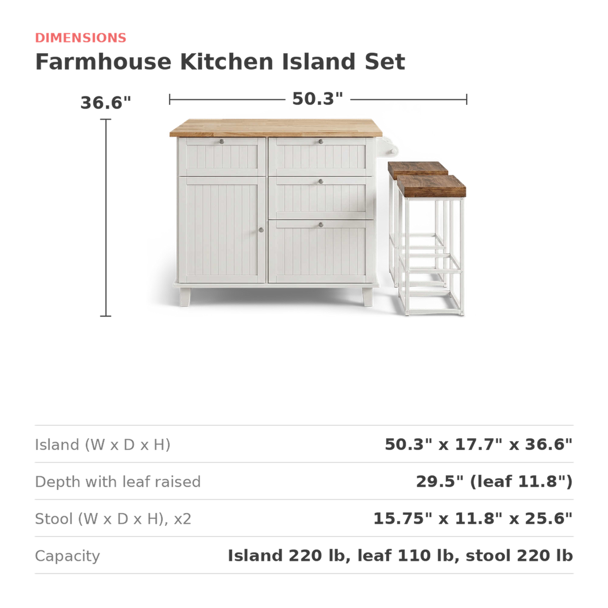 Island 50.3 in. wide, 17.7 to 29.5 in. deep, 36.6 in. high; stools 15.75 x 11.8 x 25.6 in. (dimensions)