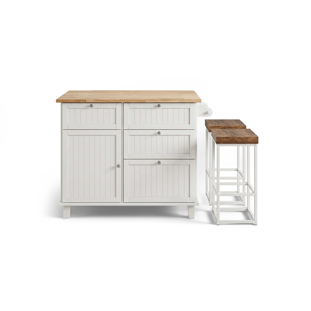 White kitchen island with stools, straight front view on a #f3f3f3 studio ground