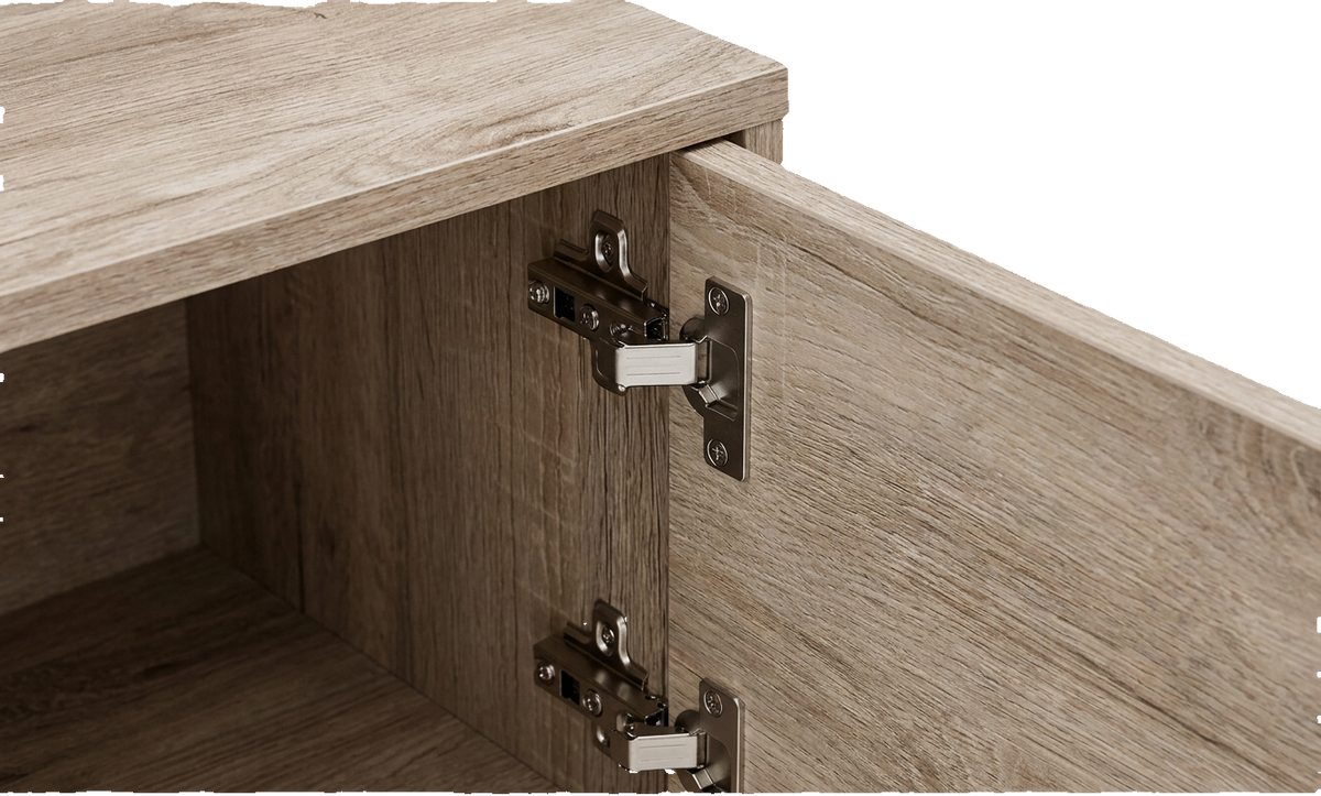 Close-up of the open storage compartment and metal door hinges (close-up detail)