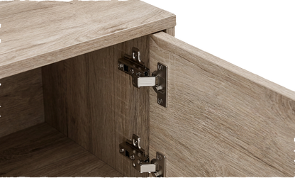 Close-up of the open storage compartment and metal door hinges (close-up detail)