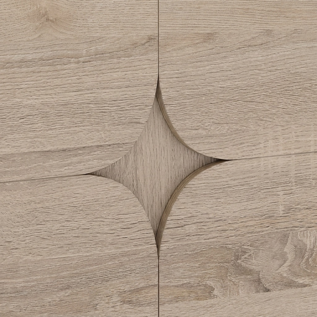 Close-up of the diamond-cutout door pull detail (close-up detail)