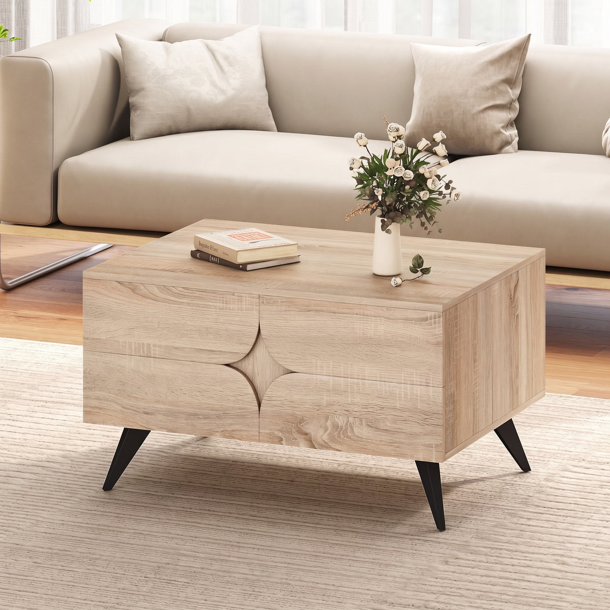 Farmhouse coffee table styled in a living room, front three-quarter view with books and a vase