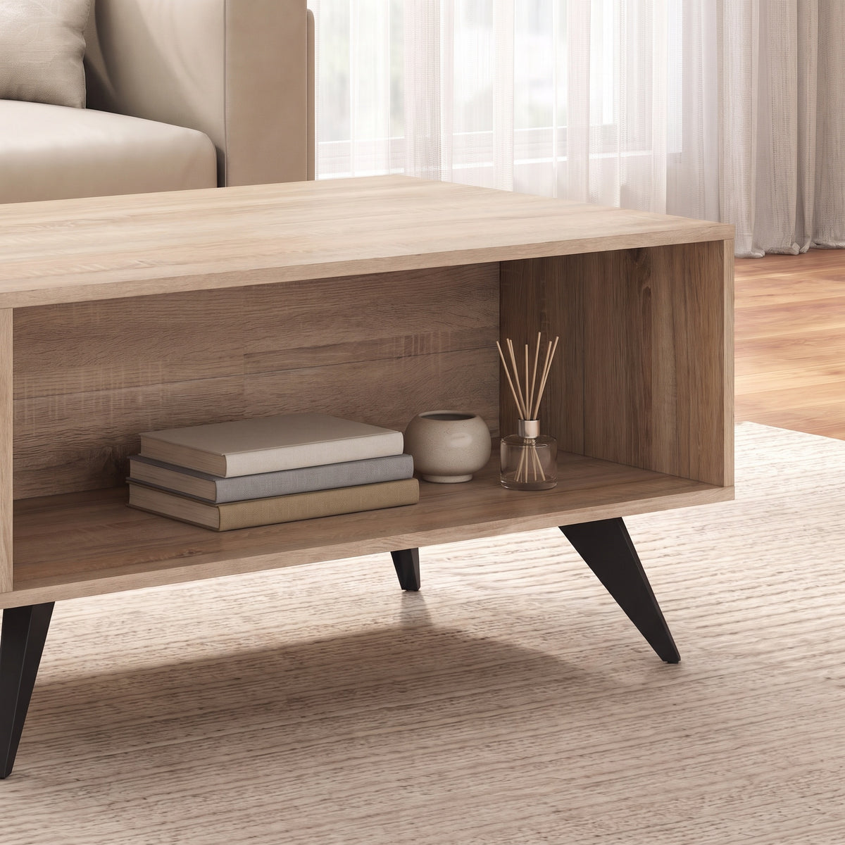 Farmhouse coffee table back open shelf styled in a living room, closer angle