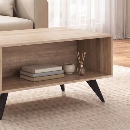 Farmhouse coffee table back open shelf styled in a living room, closer angle