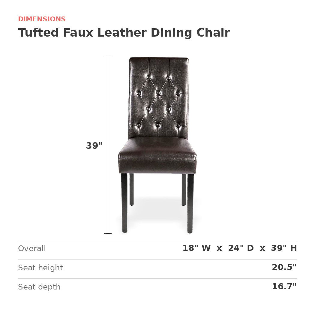 Dimensions of the tufted faux leather dining chair: 18 in. wide, 24 in. deep, 39 in. high