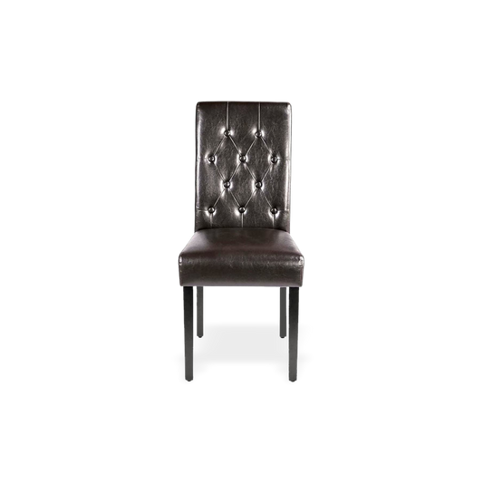 Faux leather wood-frame dining chair set of two on a #f3f3f3 studio background