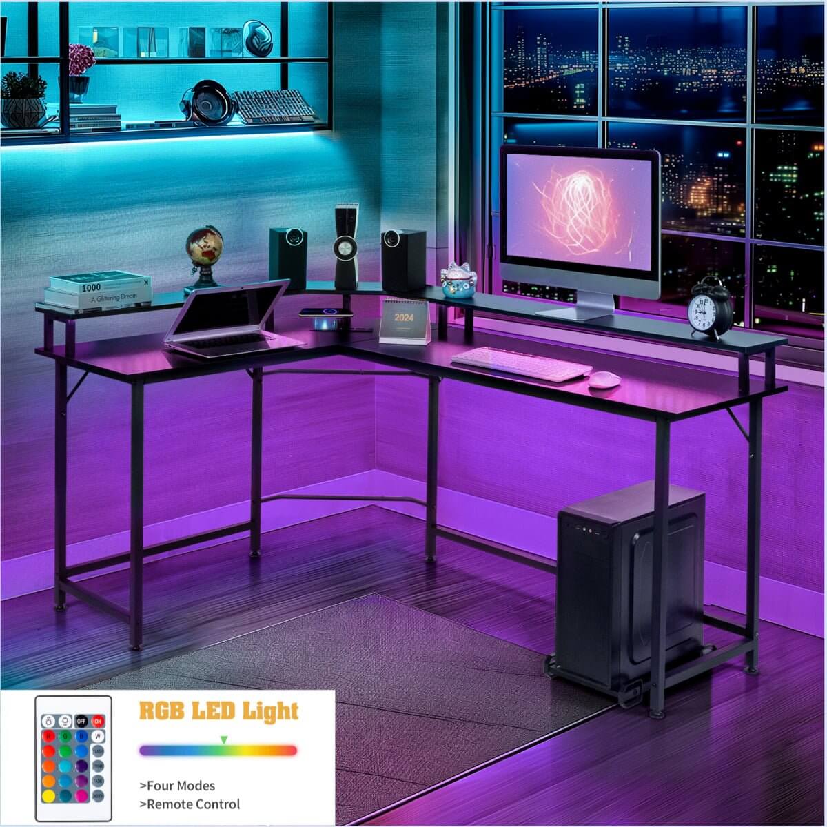 L - Shaped Gaming Desk with LED Lights