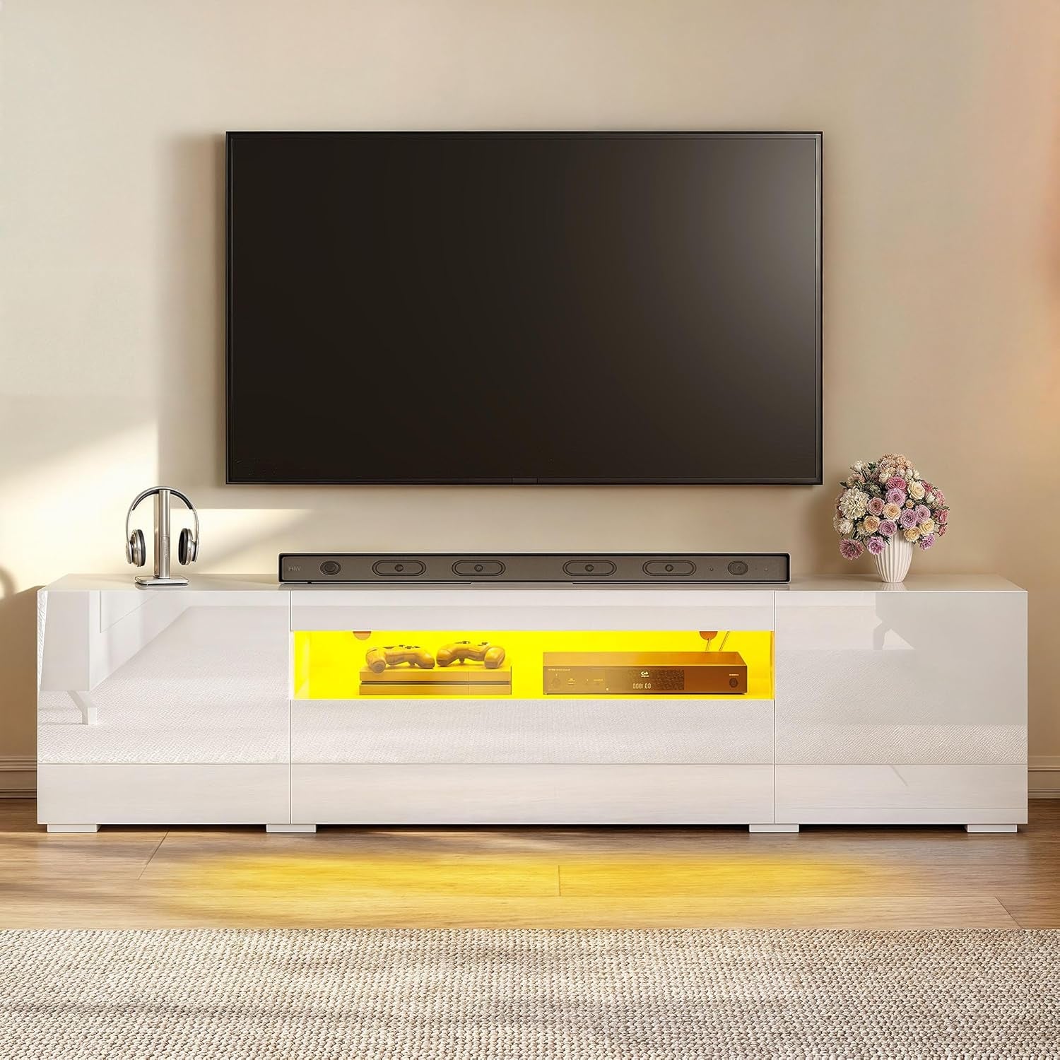 TV Stands for Living Room, 75 Inch TV Stand, Entertainment Center with Storage, Modern Television Stands, Led TV Stand, High Glossy Gaming Media Stand, White