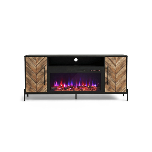 Fireplace TV stand for 65 inch TVs in black with herringbone doors, front view (plain studio)