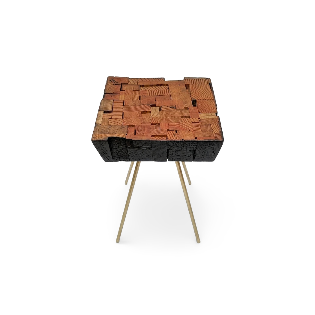Reclaimed Wood Side Table, Handmade with Brass Hexagon Legs