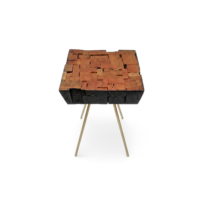 Reclaimed Wood Side Table, Handmade with Brass Hexagon Legs