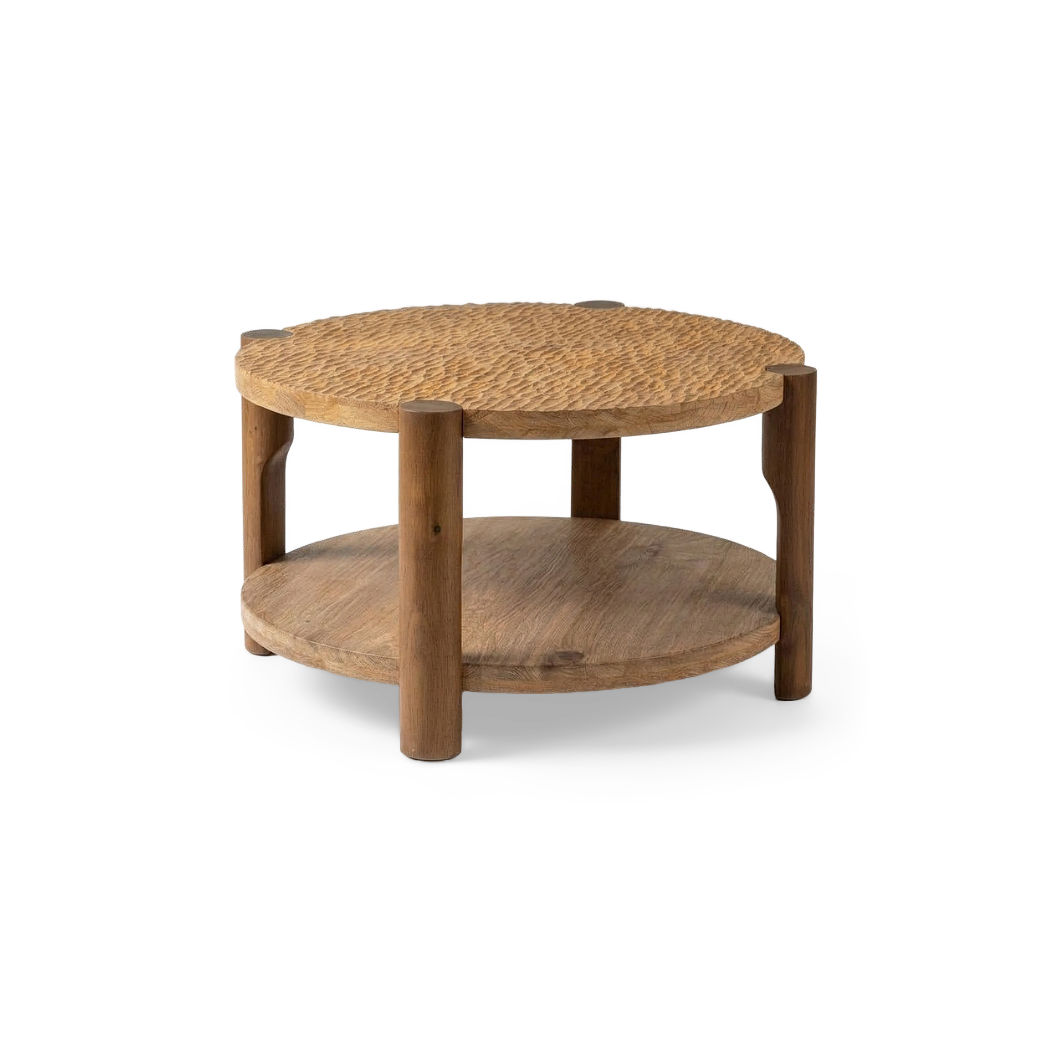 Round solid wood coffee table, front view
