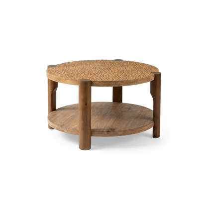 Round solid wood coffee table, front view