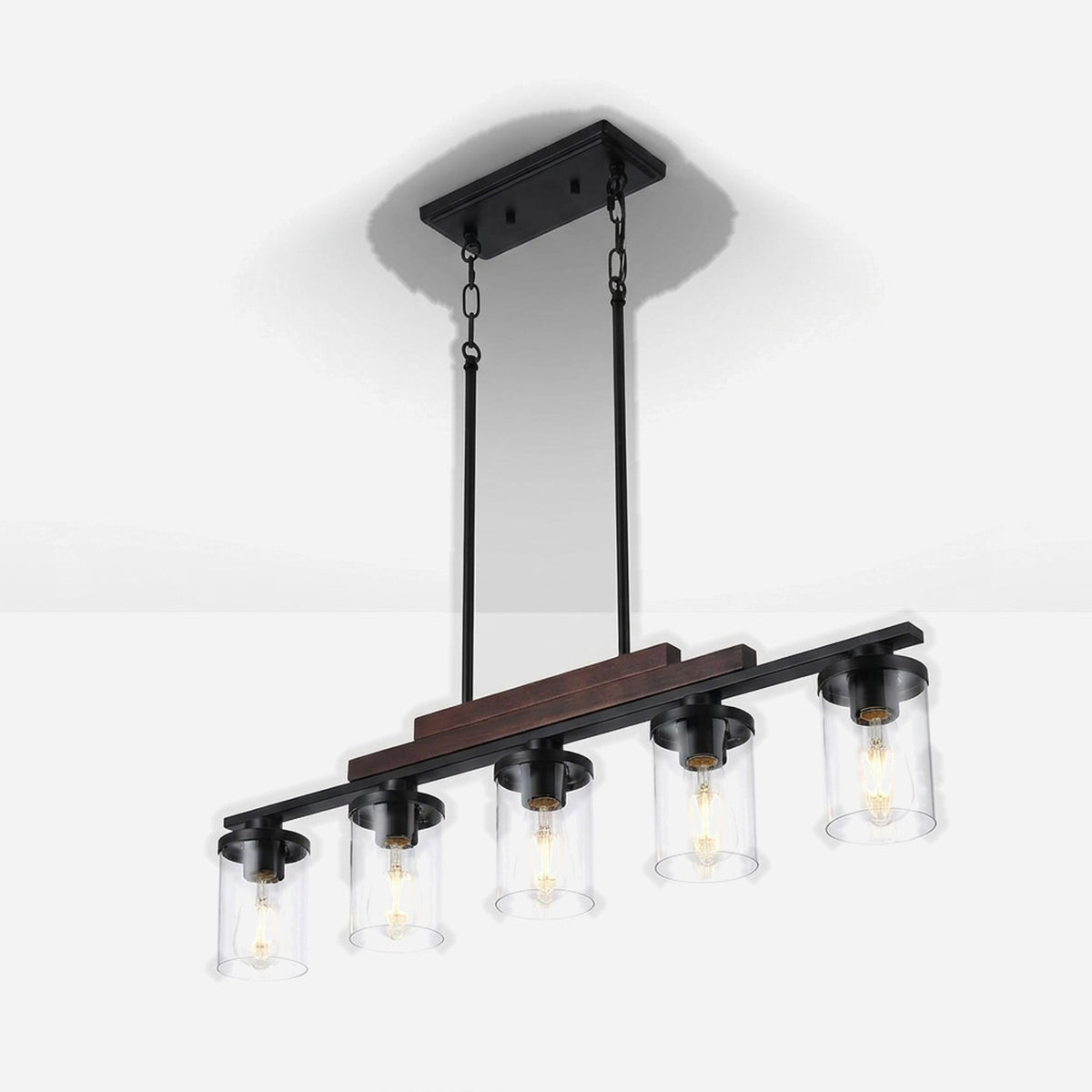 Five light farmhouse linear chandelier with rustic wood beam and clear glass shades on f3f3f3 background