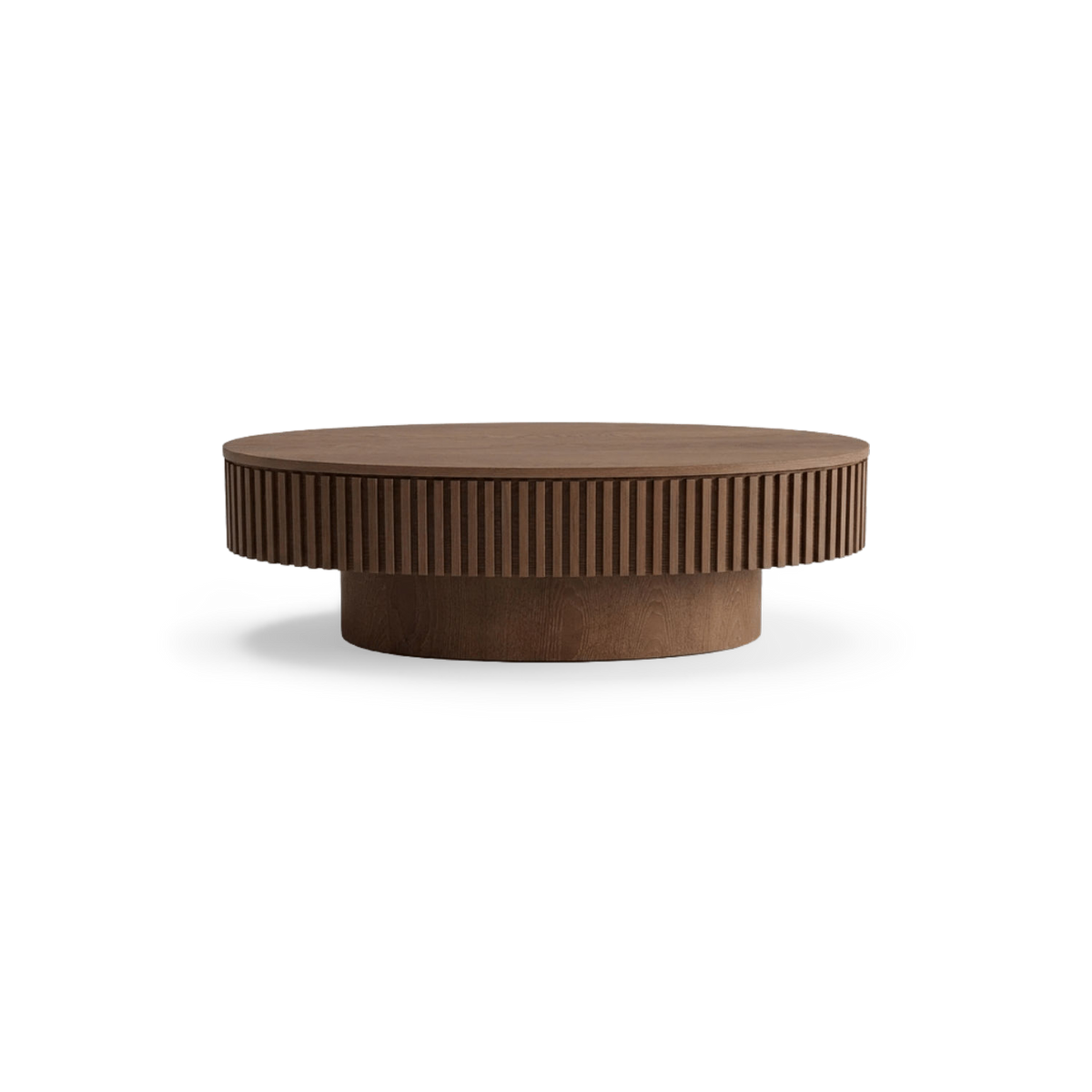 Fluted round coffee table in walnut, front view of the slatted drum band on its recessed plinth