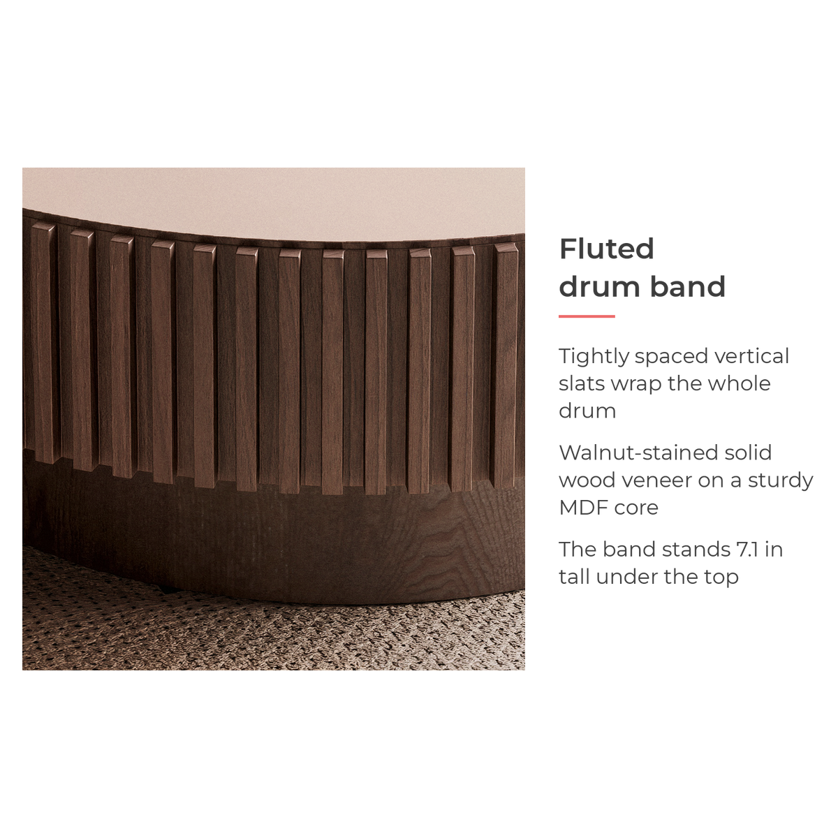 Callout card on the vertical slatted band of the round walnut table (feature callout)