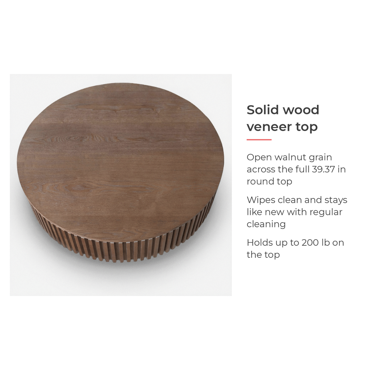 Callout card on the solid wood veneer top, open walnut grain, holds up to 200 lb (feature callout)