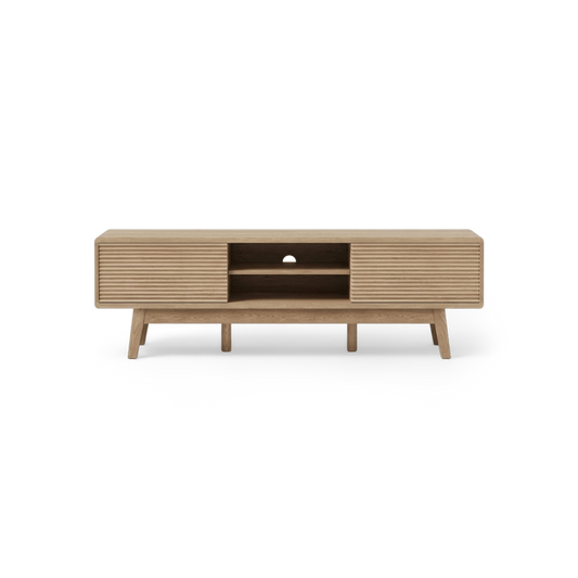 Fluted TV stand in natural oak, front view on #f3f3f3 studio background (plain studio)