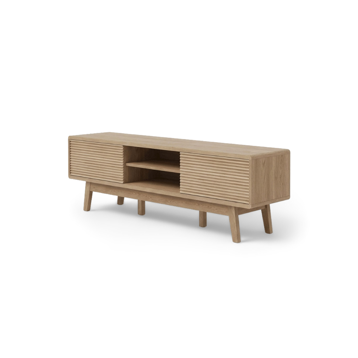 Modern fluted TV stand, three-quarter view on #f3f3f3 studio background (plain studio)