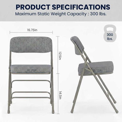 Space-saving fold-flat guest chairs with padded fabric seats; compact gray seating solution for small apart (feature callout)