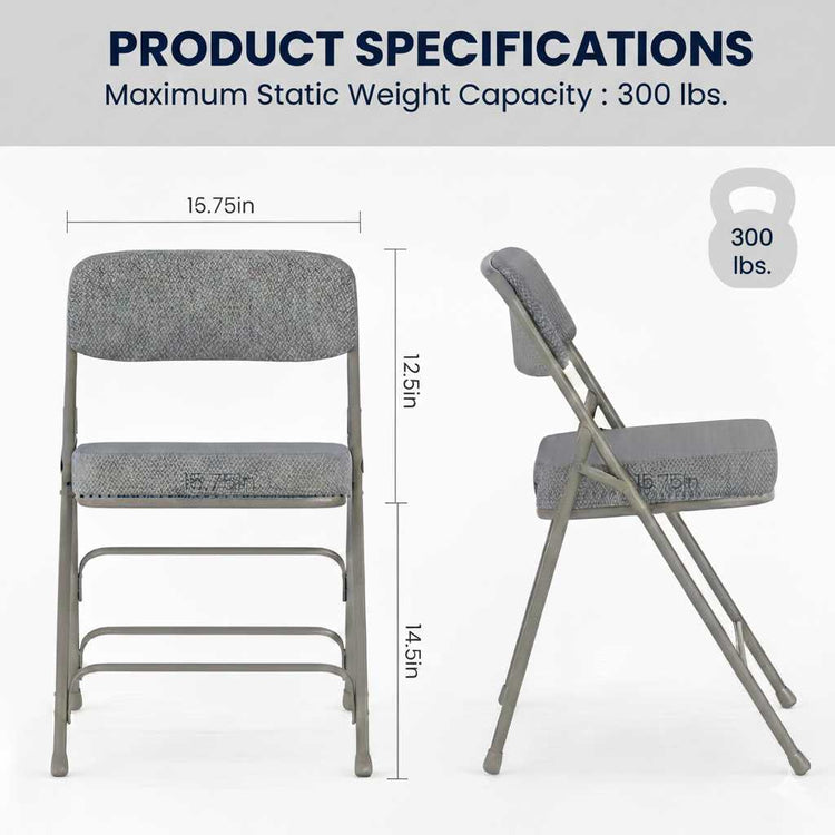 Space-saving fold-flat guest chairs with padded fabric seats; compact gray seating solution for small apartments and home offices.