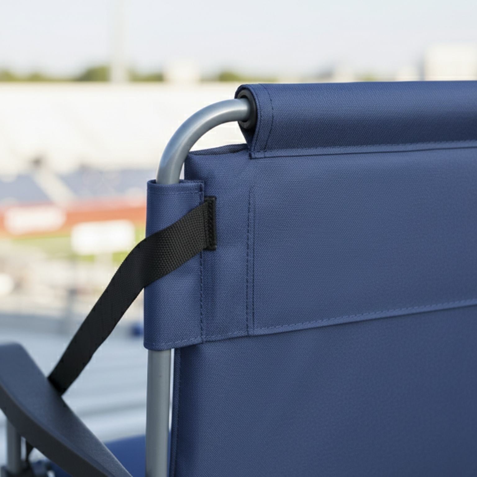 Foldable blue stadium chair in 600D water-resistant polyester; features a cushioned seat and back by Barton Outdoors for portable spectator comfort.