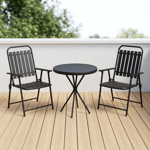 3-Piece Folding Bistro Set — Black Metal, Glass Top