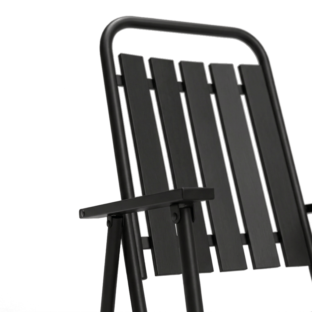 Close-up detail of the chair back slats and armrest junction (close-up detail)